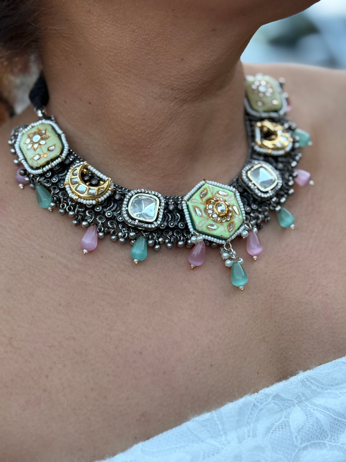 Pastel and oxidised set with matching earrings