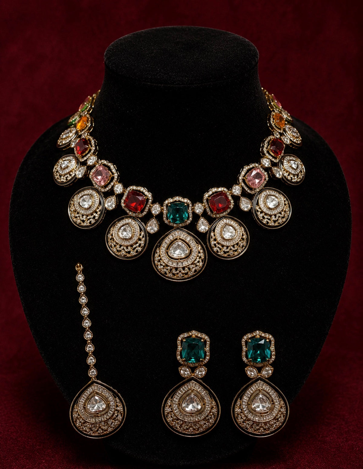 Ronika Kundan and Moissanite Multicoloured necklace with Earrings and Tikka